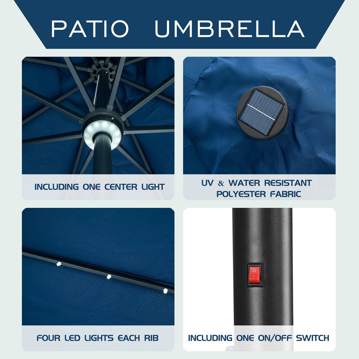 10 ft Solar Patio Umbrella with LED Lights, Steel Tilt Crank, Navy Blue N77594