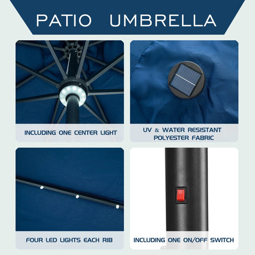 10 ft Solar Patio Umbrella with LED Lights, Steel Tilt Crank, Navy Blue N77594