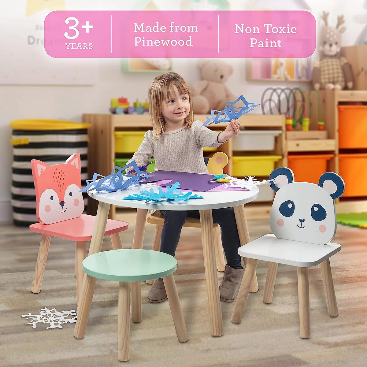 Kids Animal Table & Chair Set with 3 Toddler Seats & Adult Stool E985258