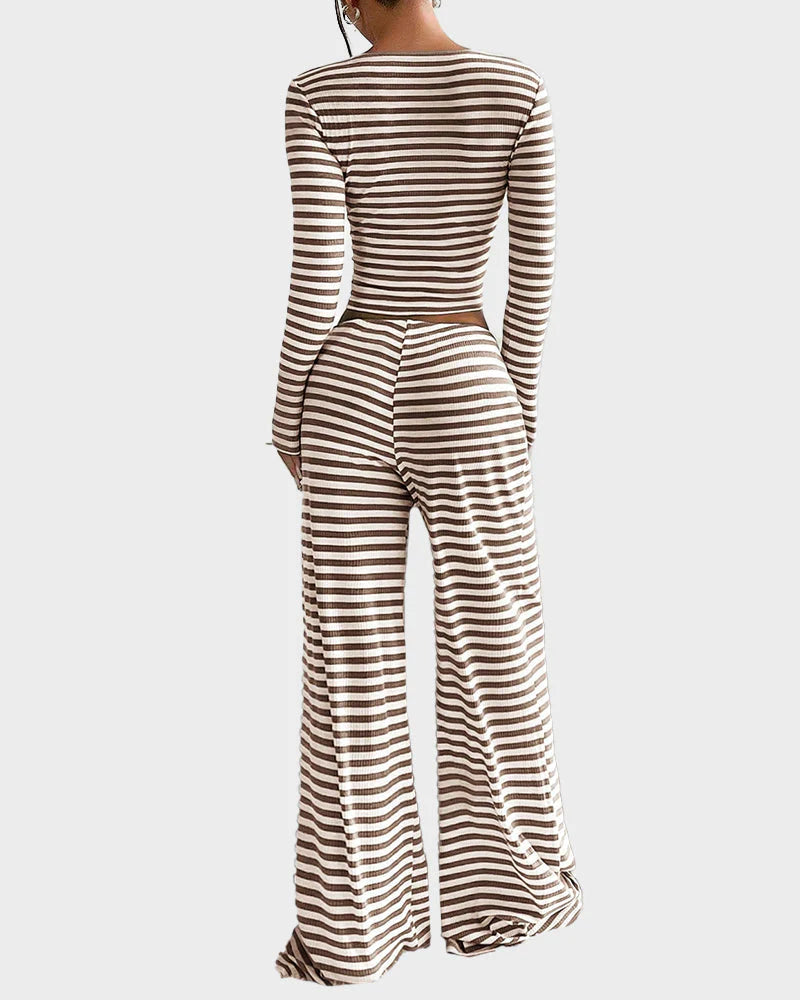 Stripe Crop Top & Wide Leg Two-Piece Lounge Set H313