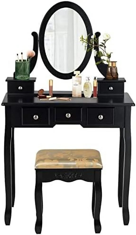 White Vanity Table Set with Rotatable Mirror, Cushioned Stool & 5 Drawers C224113