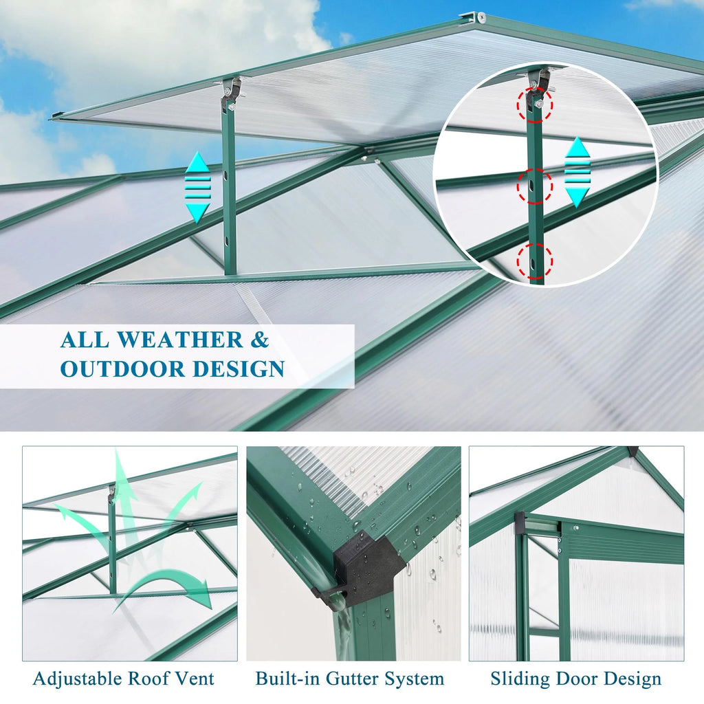8x6FT Polycarbonate Walk in Greenhouse with Window & Sliding Door T103288