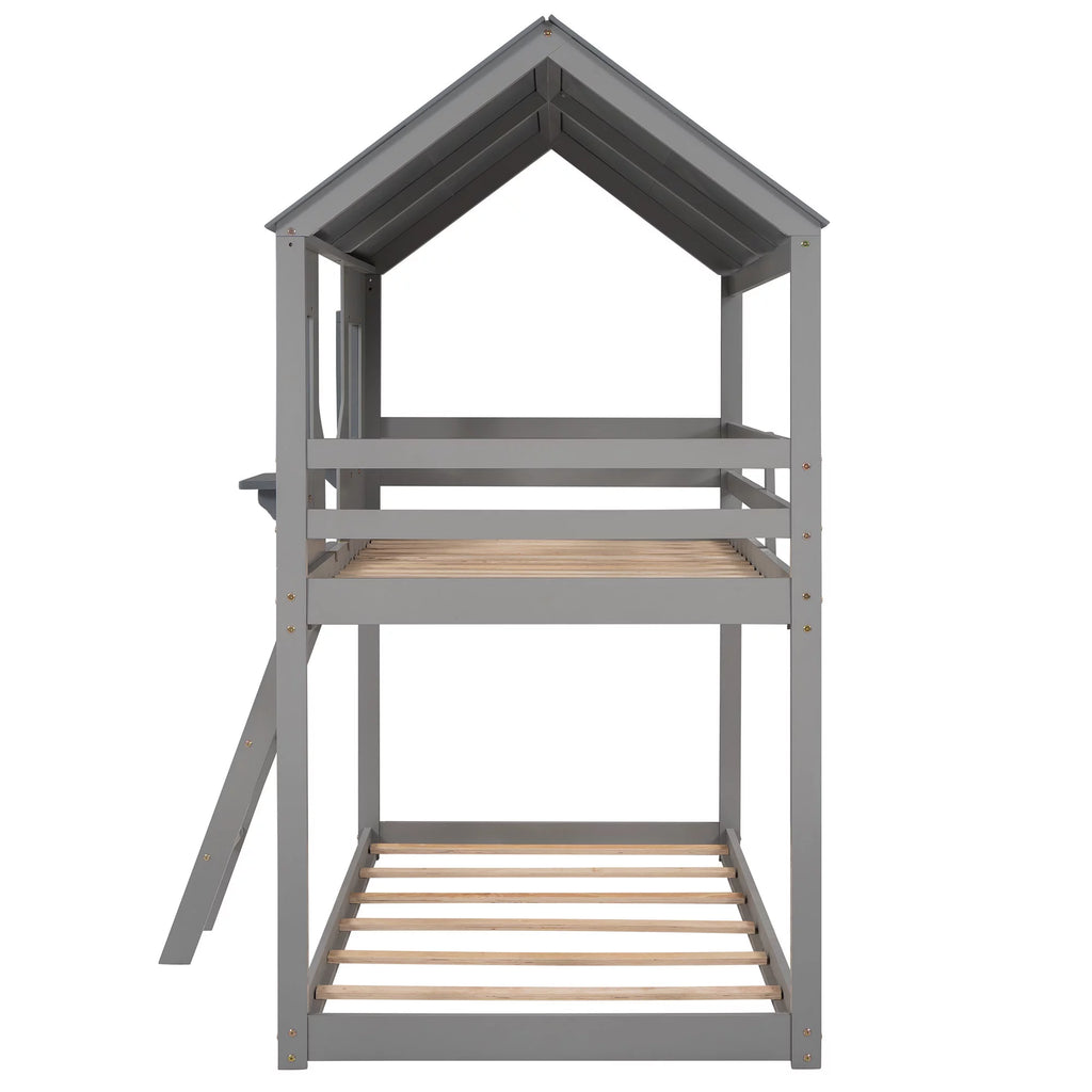 Twin Over Twin Wooden House Bunk Bed with Roof and Windows I211