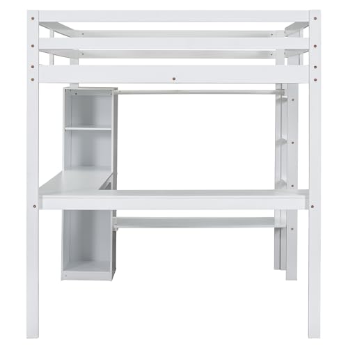 Full Size White Wood Loft Bed with Desk and Shelves L795859