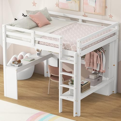 Full Size White Wood Loft Bed with Desk and Shelves L795859