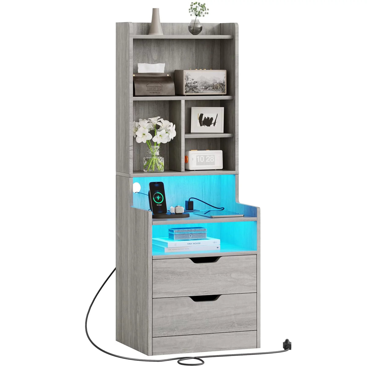 Tall Nightstand with Charging Station and LED Lights V530268