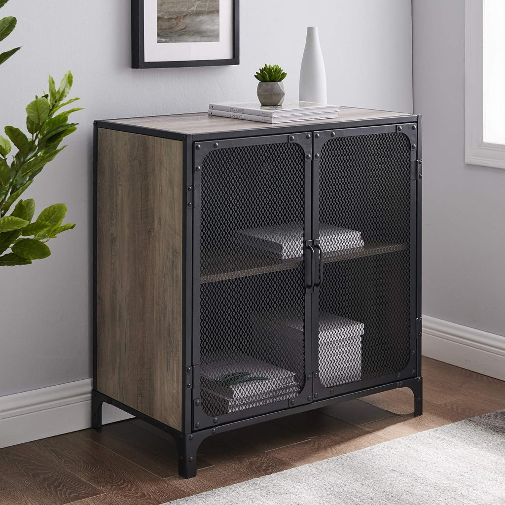Grey Metal Mesh Double Door Rolling Bar Cabinet T76883