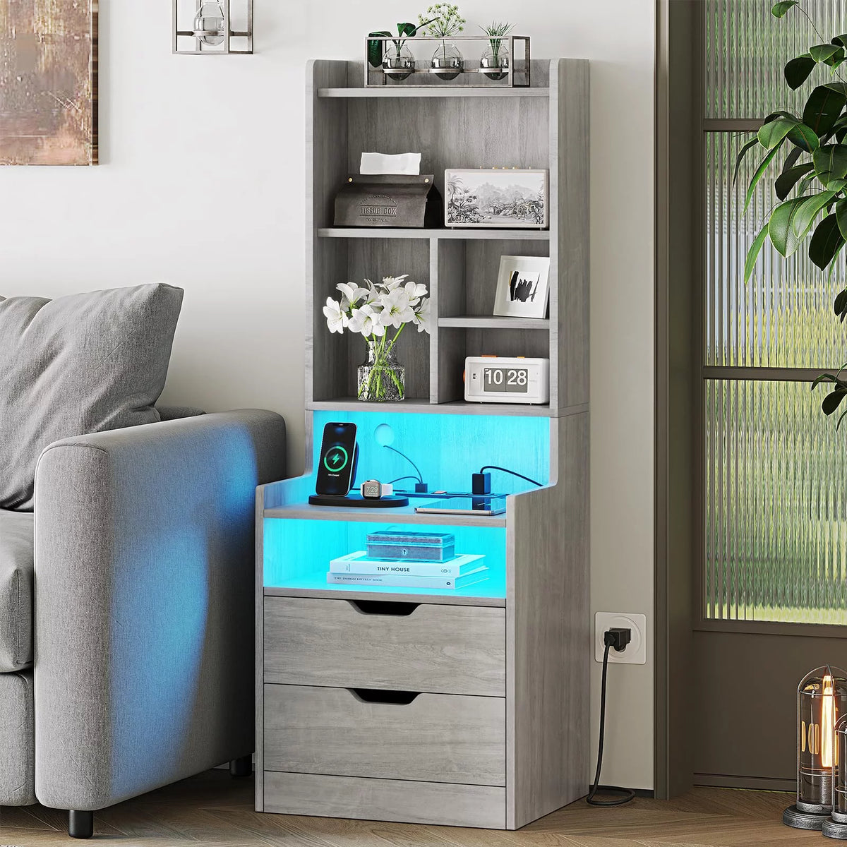Tall Nightstand with Charging Station and LED Lights V530268