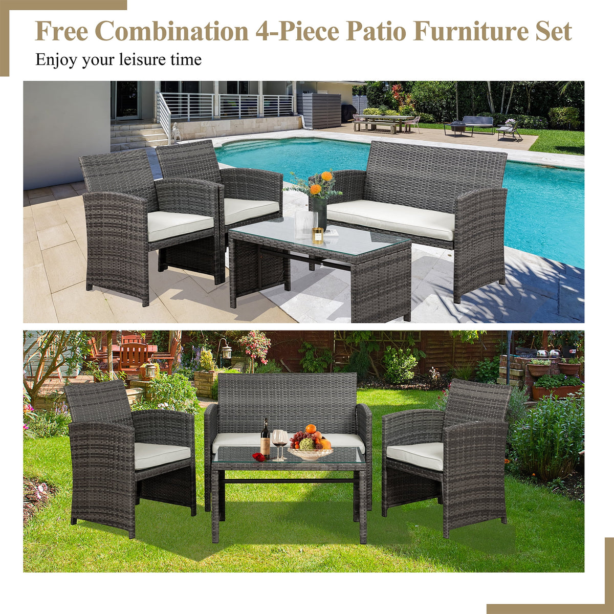4 Piece Wicker Patio Furniture Set with Cushions L874