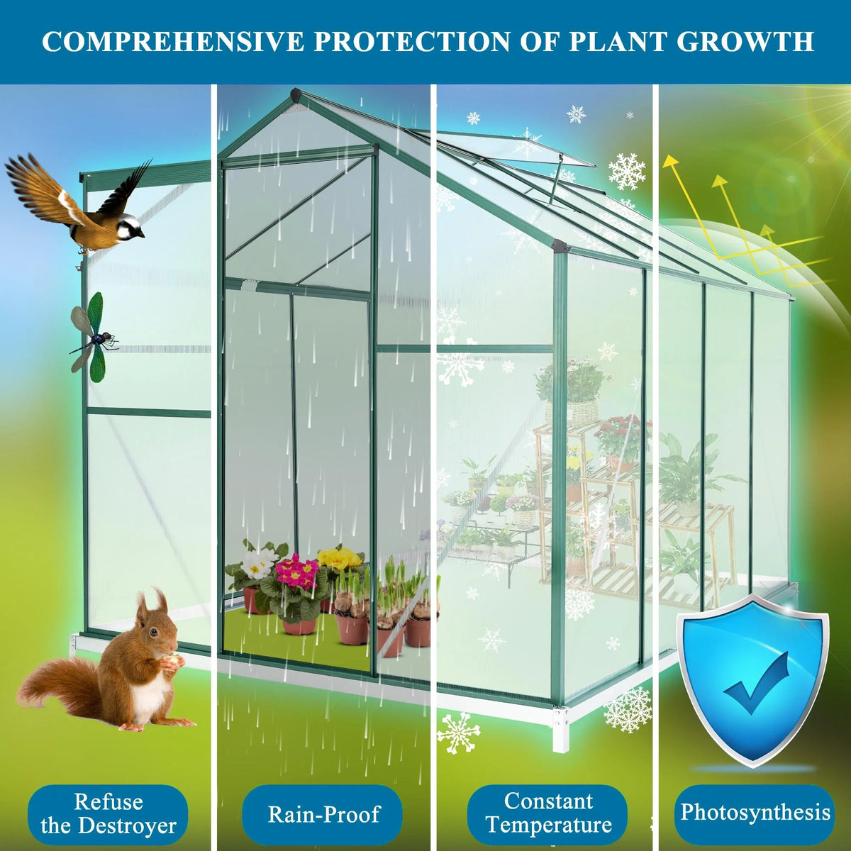 8x6FT Polycarbonate Walk in Greenhouse with Window & Sliding Door T103288