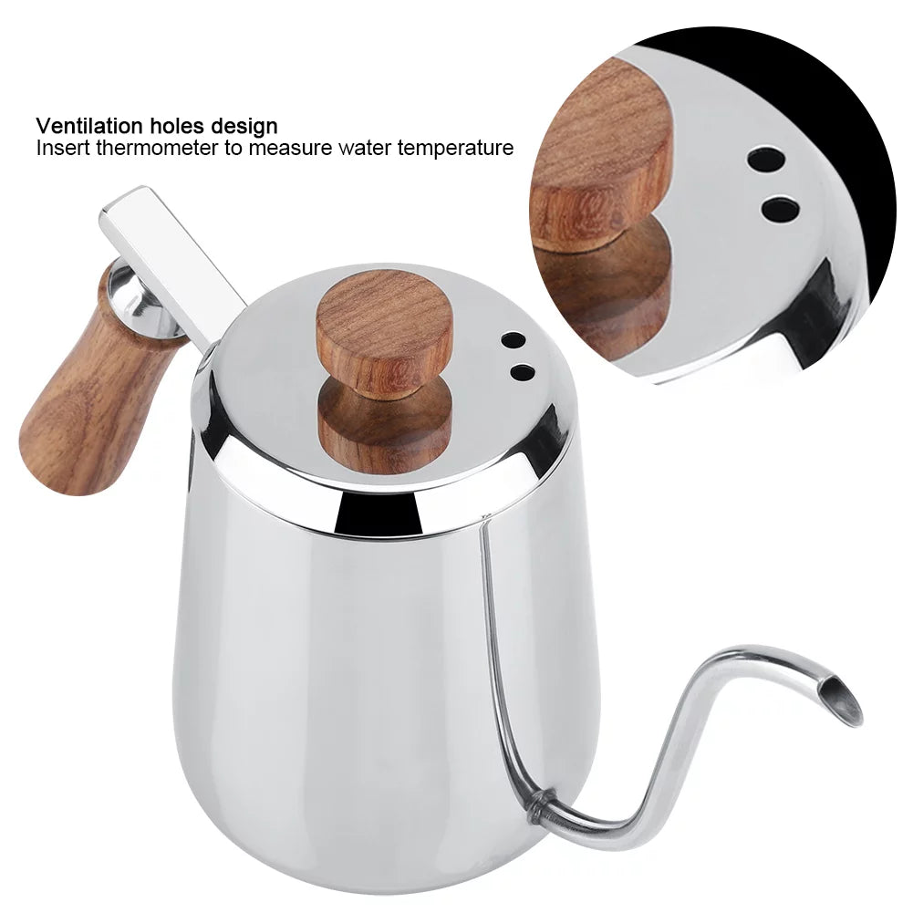 304 Stainless Steel Wooden Handle Drip Coffee Pot I761