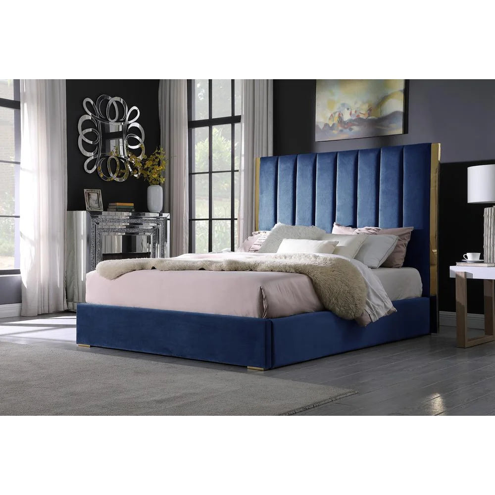 Blue Velvet King Platform Bed with Gold Accents R1445