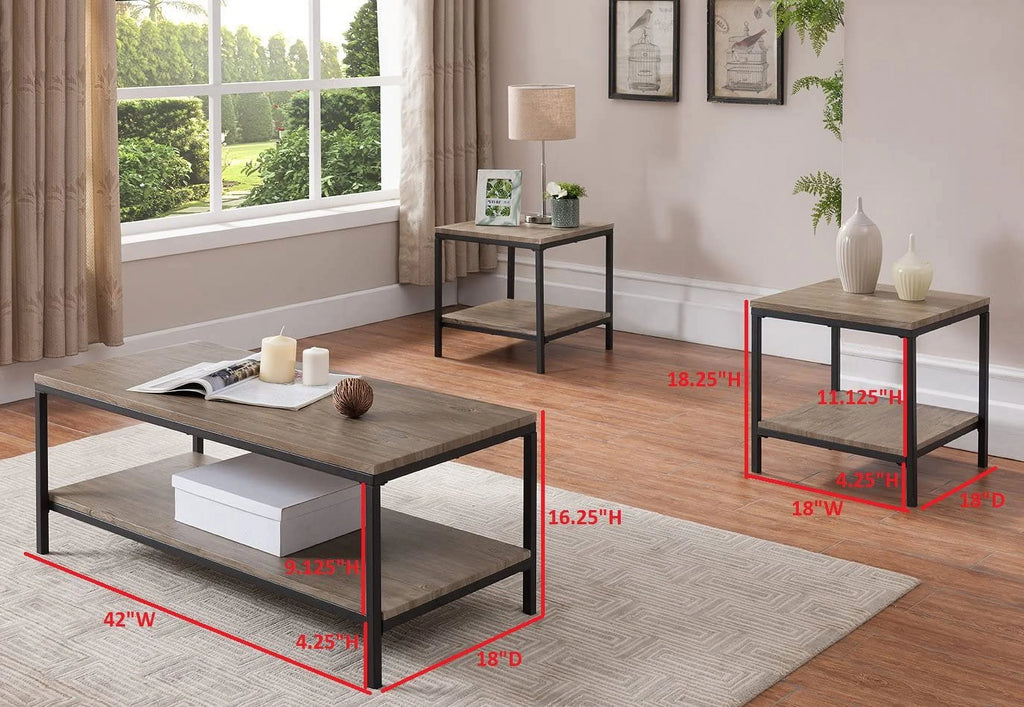 3 Piece Gray Finish Wood and Black Metal Occasional Table Set V376