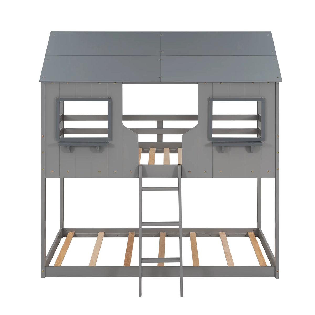 Twin Over Twin Wooden House Bunk Bed with Roof and Windows I211
