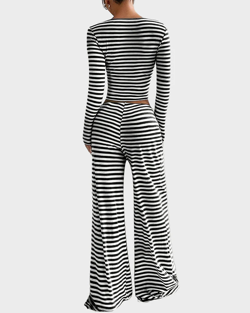 Stripe Crop Top & Wide Leg Two-Piece Lounge Set H313
