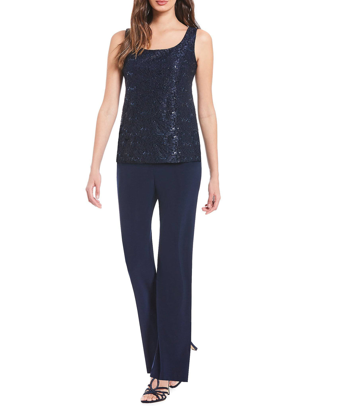 3-Piece Sequin Glitter Scallop Lace Duster Pant Set G687