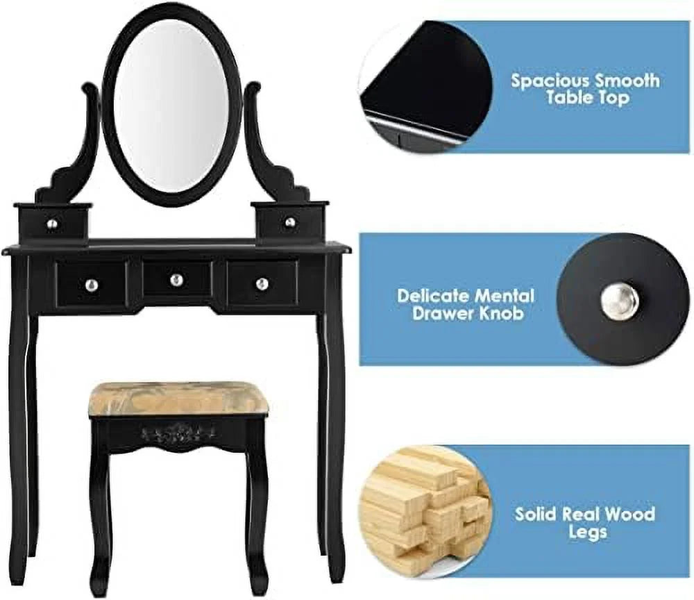 White Vanity Table Set with Rotatable Mirror, Cushioned Stool & 5 Drawers C224113