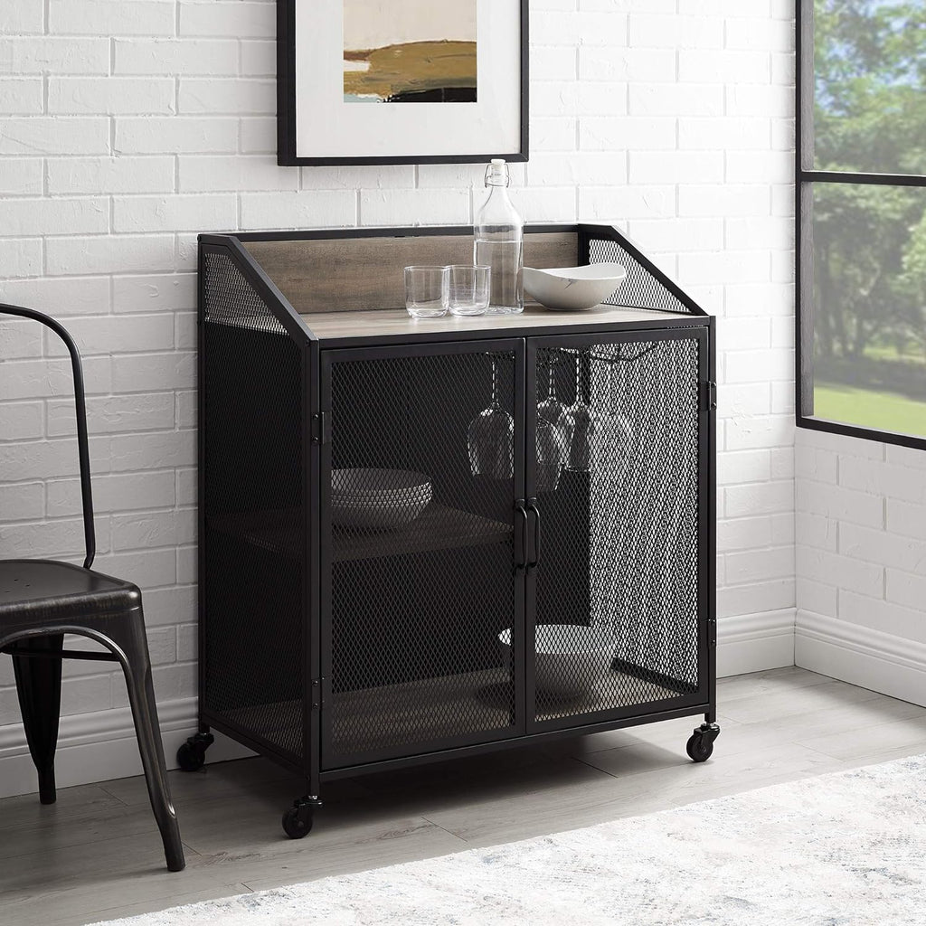 Grey Metal Mesh Double Door Rolling Bar Cabinet T76883