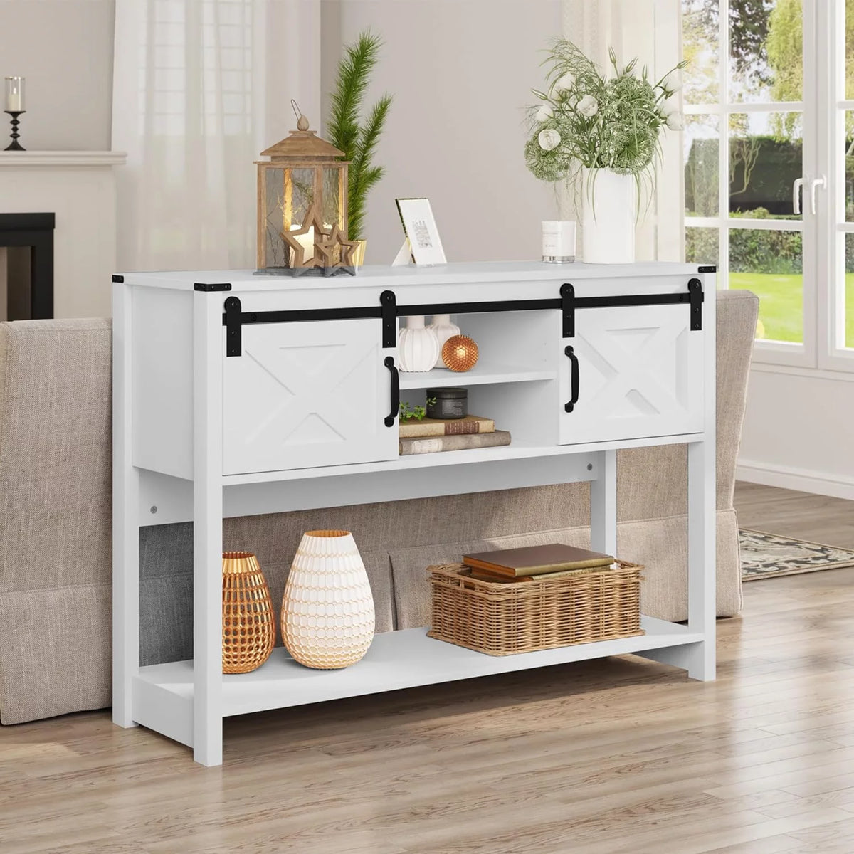 White Console Table with Storage and Shelves S6366