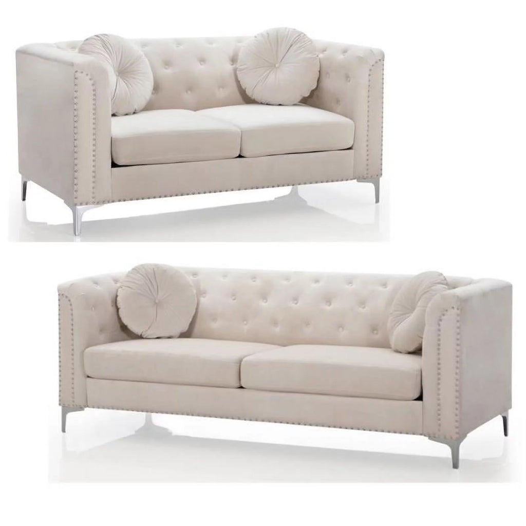 Velvet Sofa and Loveseat 2-Piece Set in Ivory J6165
