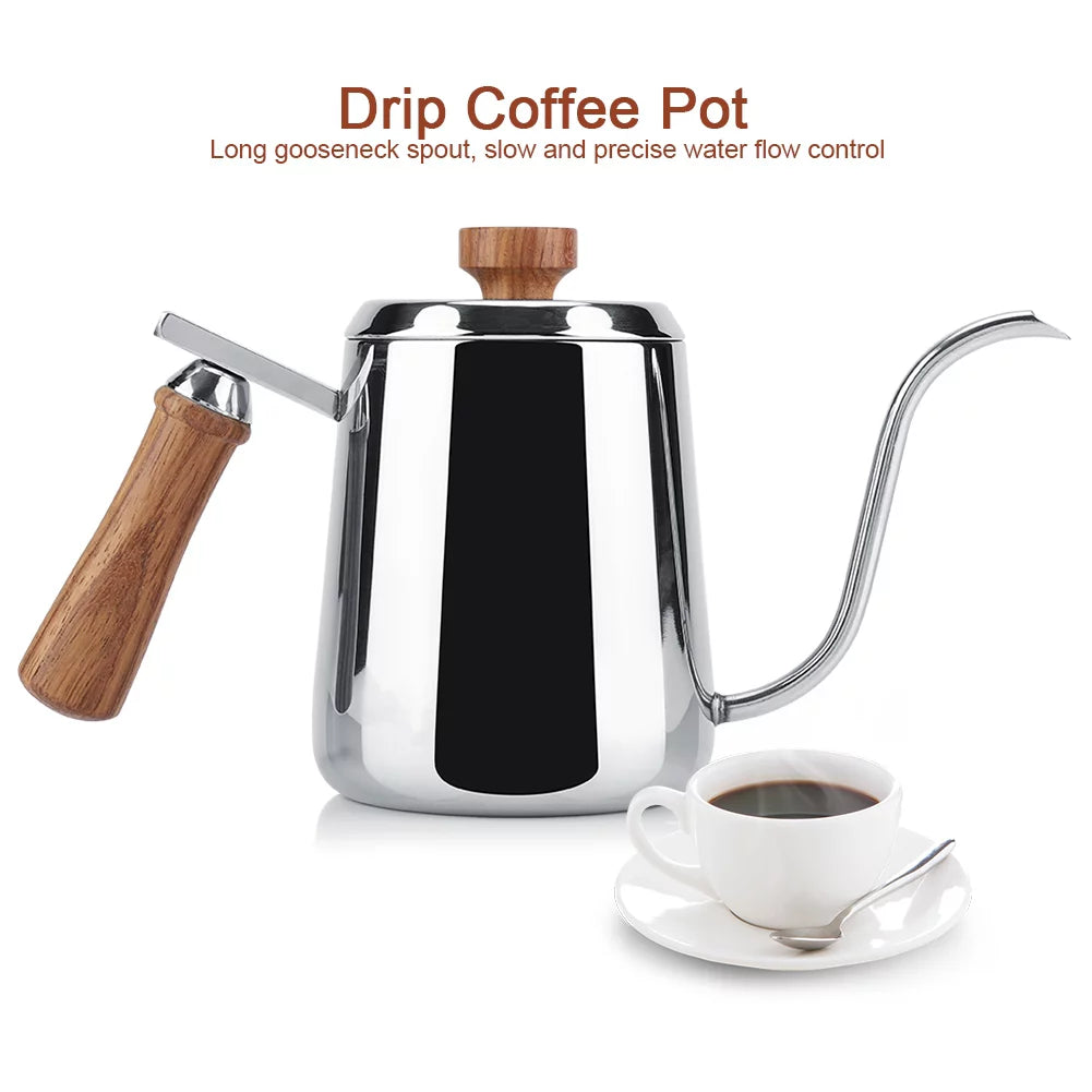 304 Stainless Steel Wooden Handle Drip Coffee Pot I761