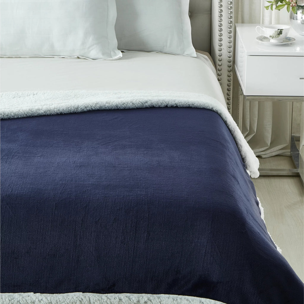 Flannel Reversible Sherpa Throw Blanket 60"x 80" Navy I306
