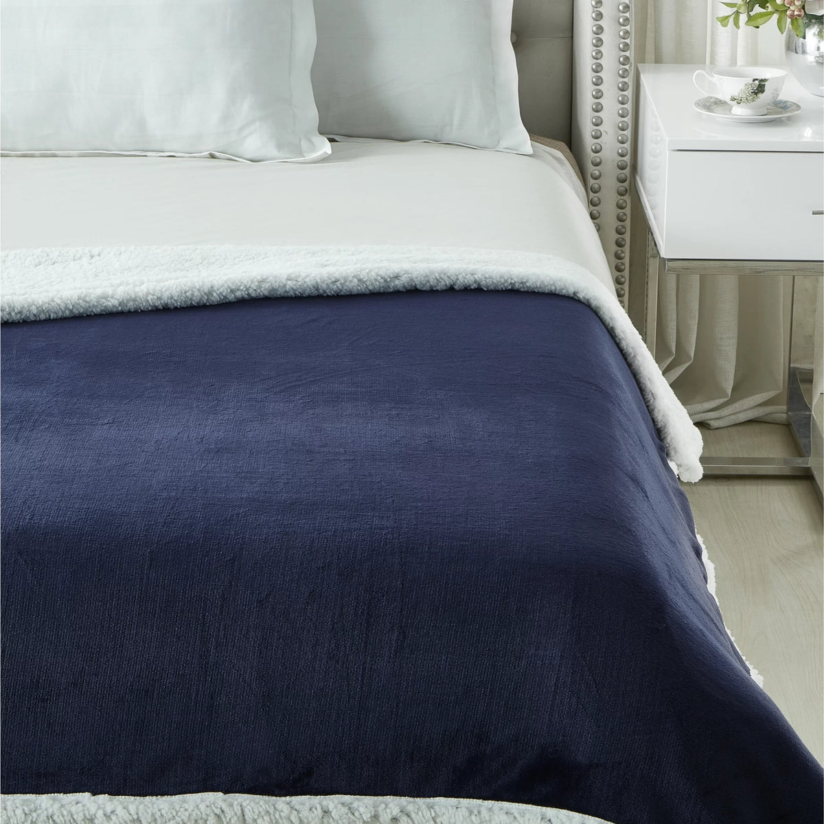 Flannel Reversible Sherpa Throw Blanket 60"x 80" Navy I306