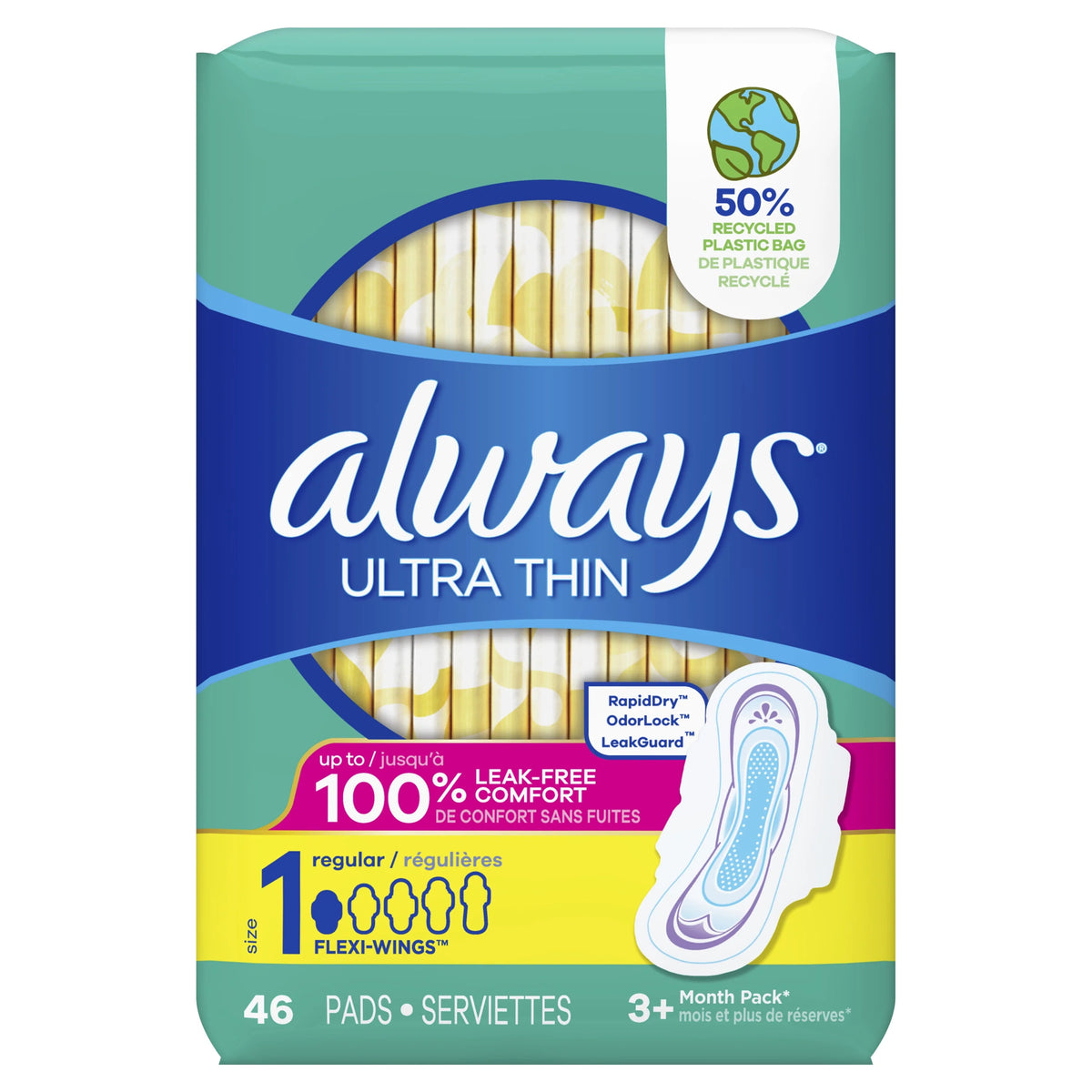 Ultra Thin Daytime Pads with Wings, Size 1, Regular, Unscented, 46 Ct U666352