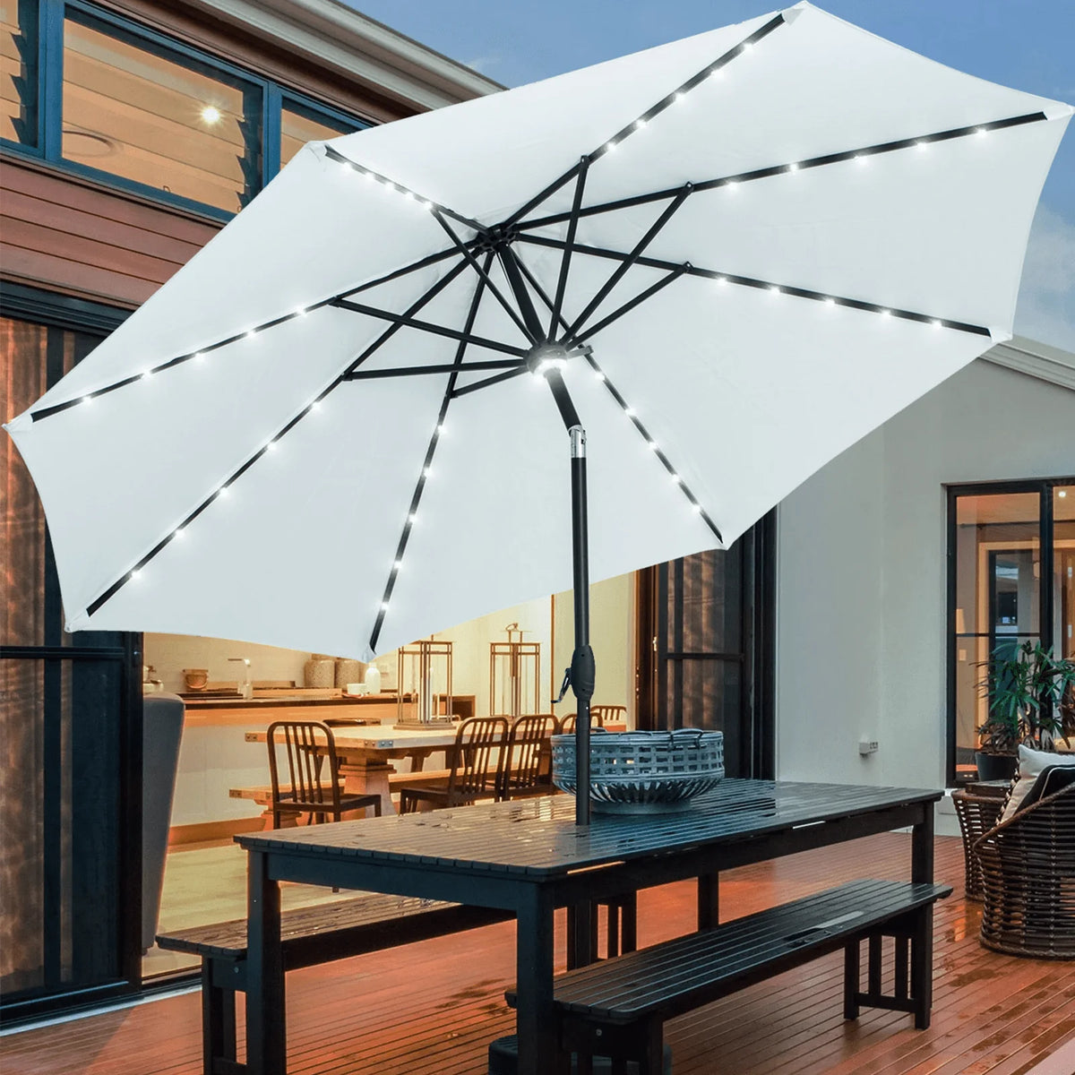 10 ft Solar Patio Umbrella with LED Lights, Steel Tilt Crank, Navy Blue N77594