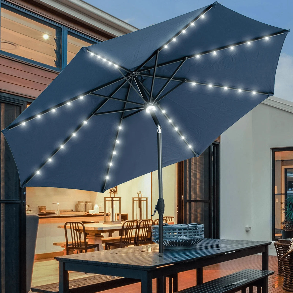 10 ft Solar Patio Umbrella with LED Lights, Steel Tilt Crank, Navy Blue N77594