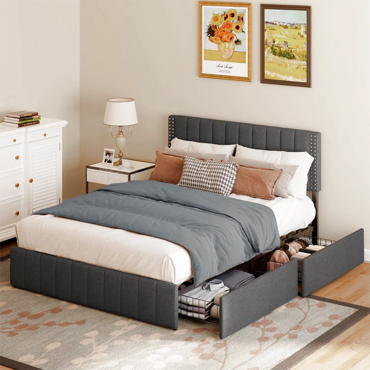Full Bed Frame with 4 Drawers and Adjustable Headboard Dark Grey B771207