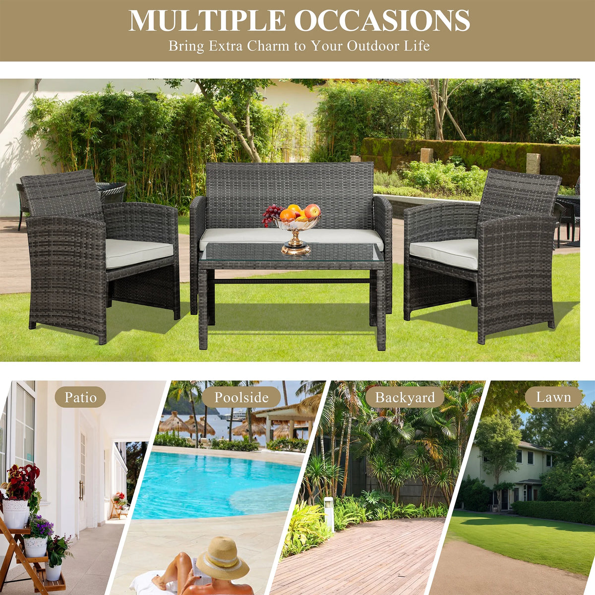 4 Piece Wicker Patio Furniture Set with Cushions L874