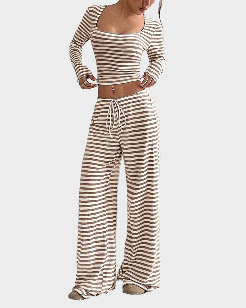 Stripe Crop Top & Wide Leg Two-Piece Lounge Set H313