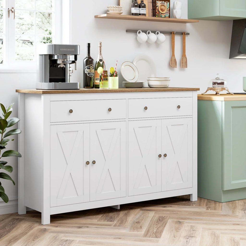 White 4-Doors 2-Drawers Wood Storage Cabinet with Adjustable Shelves A330