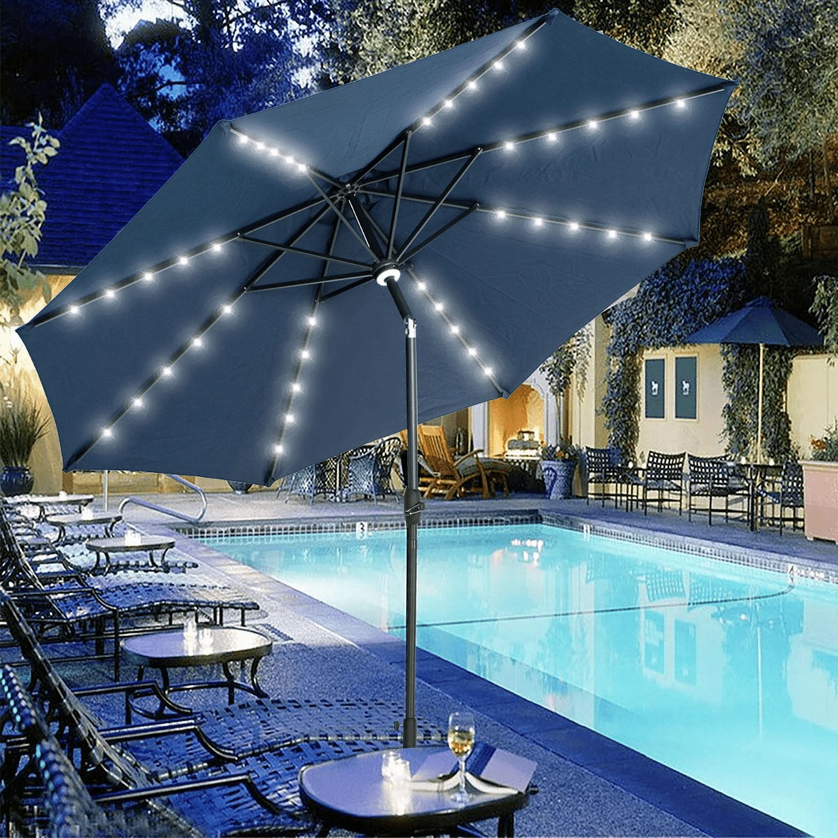 10 ft Solar Patio Umbrella with LED Lights, Steel Tilt Crank, Navy Blue N77594