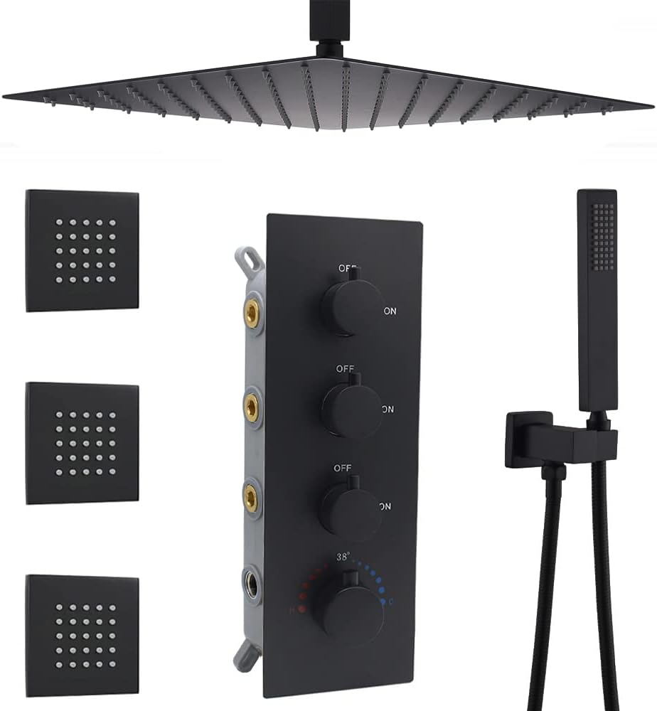 16 Inches Brushed Gold Rain Shower System with 3 Pcs Body Jets C238