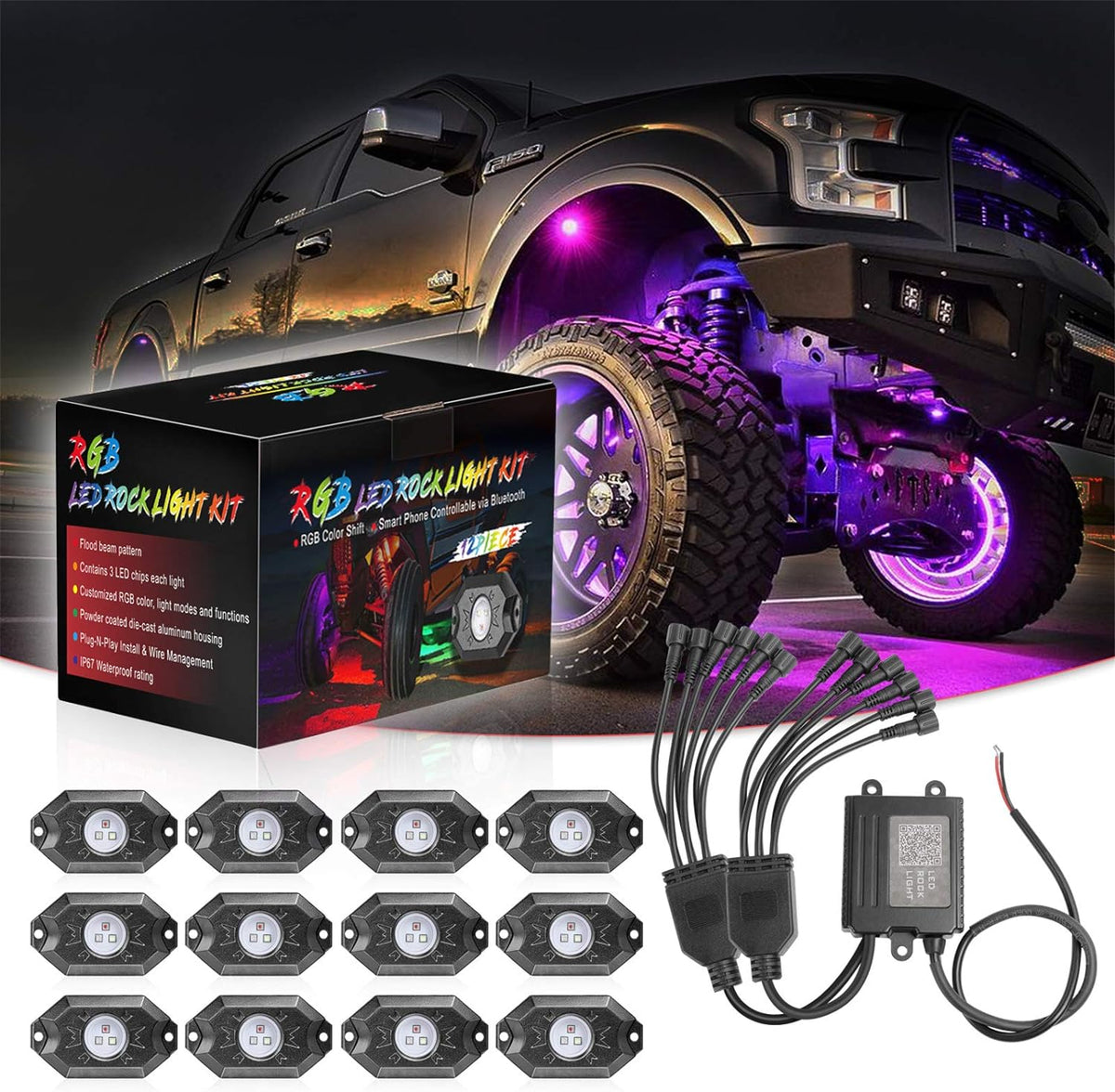 Multicolor RGB LED Rock Lights 12 Pods F531