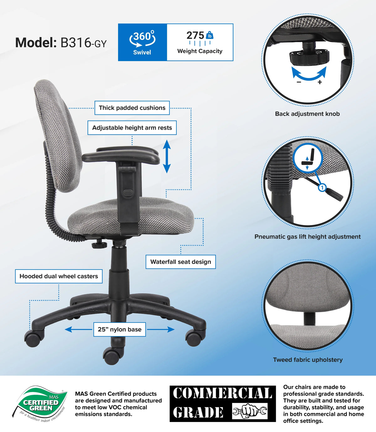 Grey Adjustable Office Task Chair with Adjustable Arms Y461