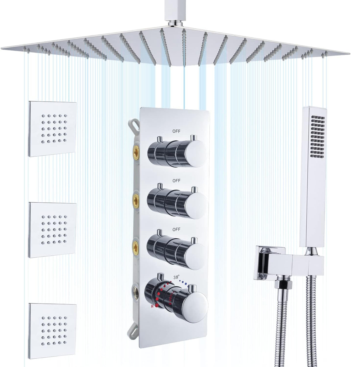 16 Inches Brushed Gold Rain Shower System with 3 Pcs Body Jets C238