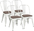 White Metal Dining Chairs with Wood Seat Set of 4 Z333048