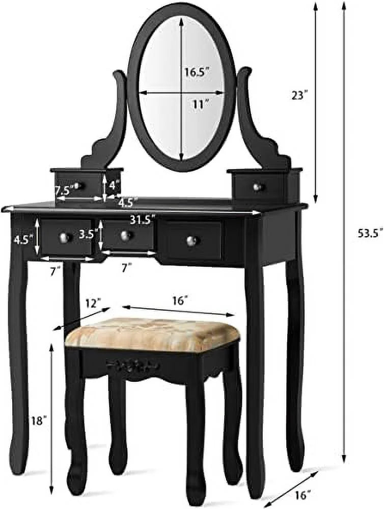 White Vanity Table Set with Rotatable Mirror, Cushioned Stool & 5 Drawers C224113