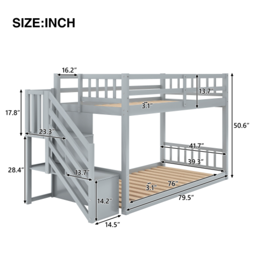 Twin over Twin Floor Bunk Bed with Ladder and Storage Gray B56599