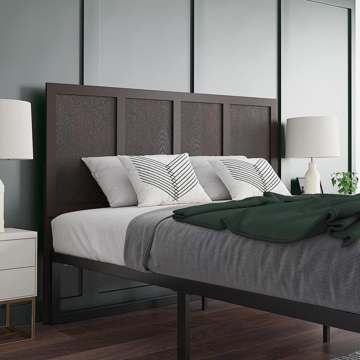 Queen Size Four Panel Wooden Adjustable Headboard Dark Brown E857222