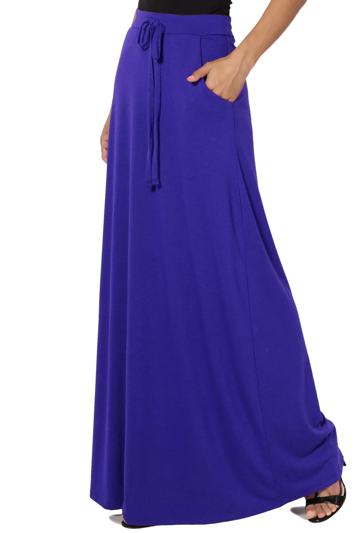 Drawstring Waist Pocket Jersey A-Line Maxi Skirt K2050