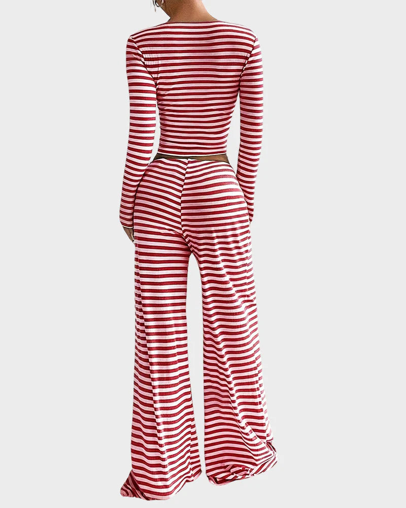Stripe Crop Top & Wide Leg Two-Piece Lounge Set H313