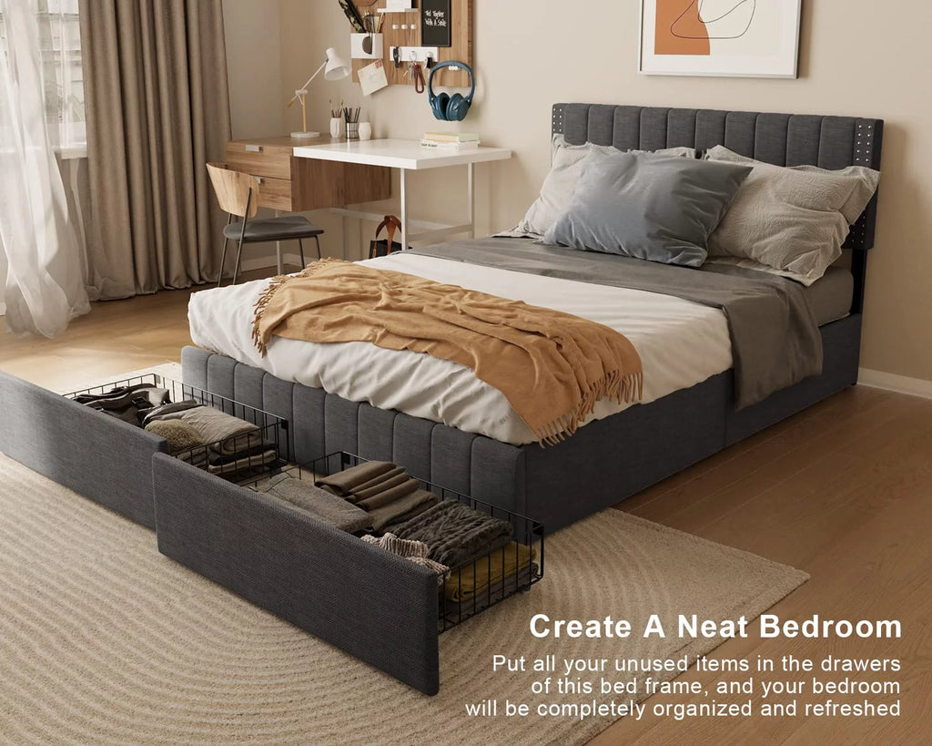 Full Bed Frame with 4 Drawers and Adjustable Headboard Dark Grey B771207