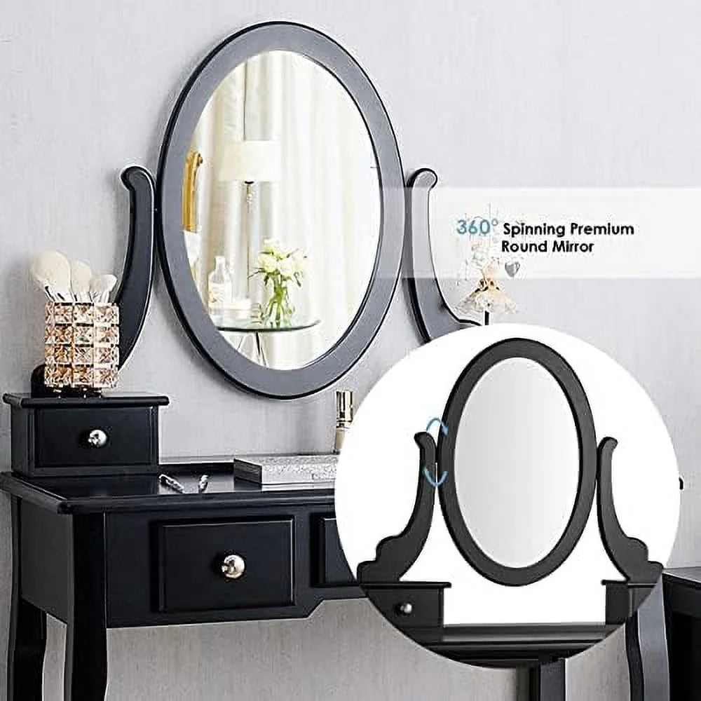 White Vanity Table Set with Rotatable Mirror, Cushioned Stool & 5 Drawers C224113