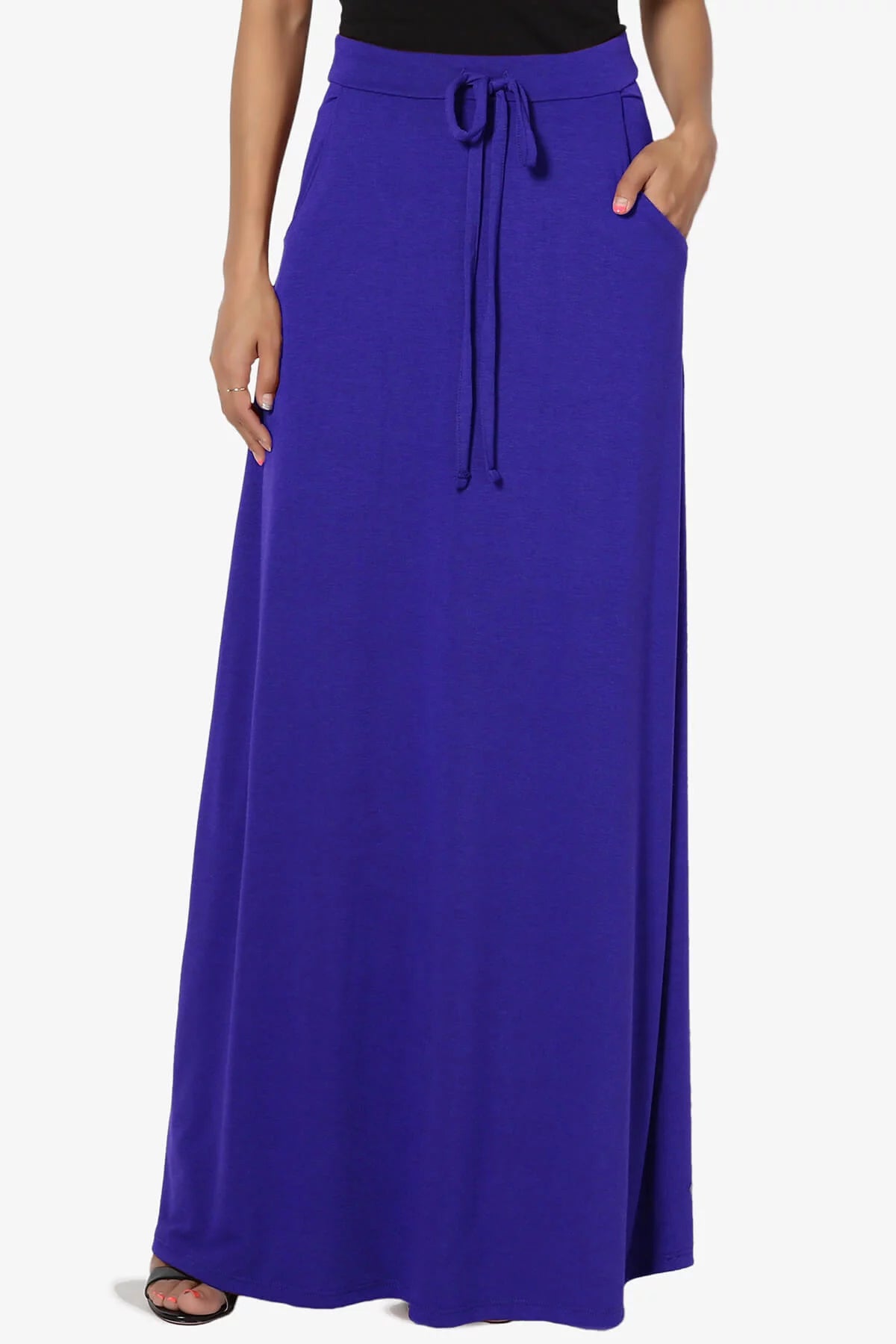 Drawstring Waist Pocket Jersey A-Line Maxi Skirt K2050