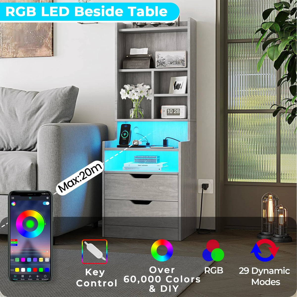 Tall Nightstand with Charging Station and LED Lights V530268