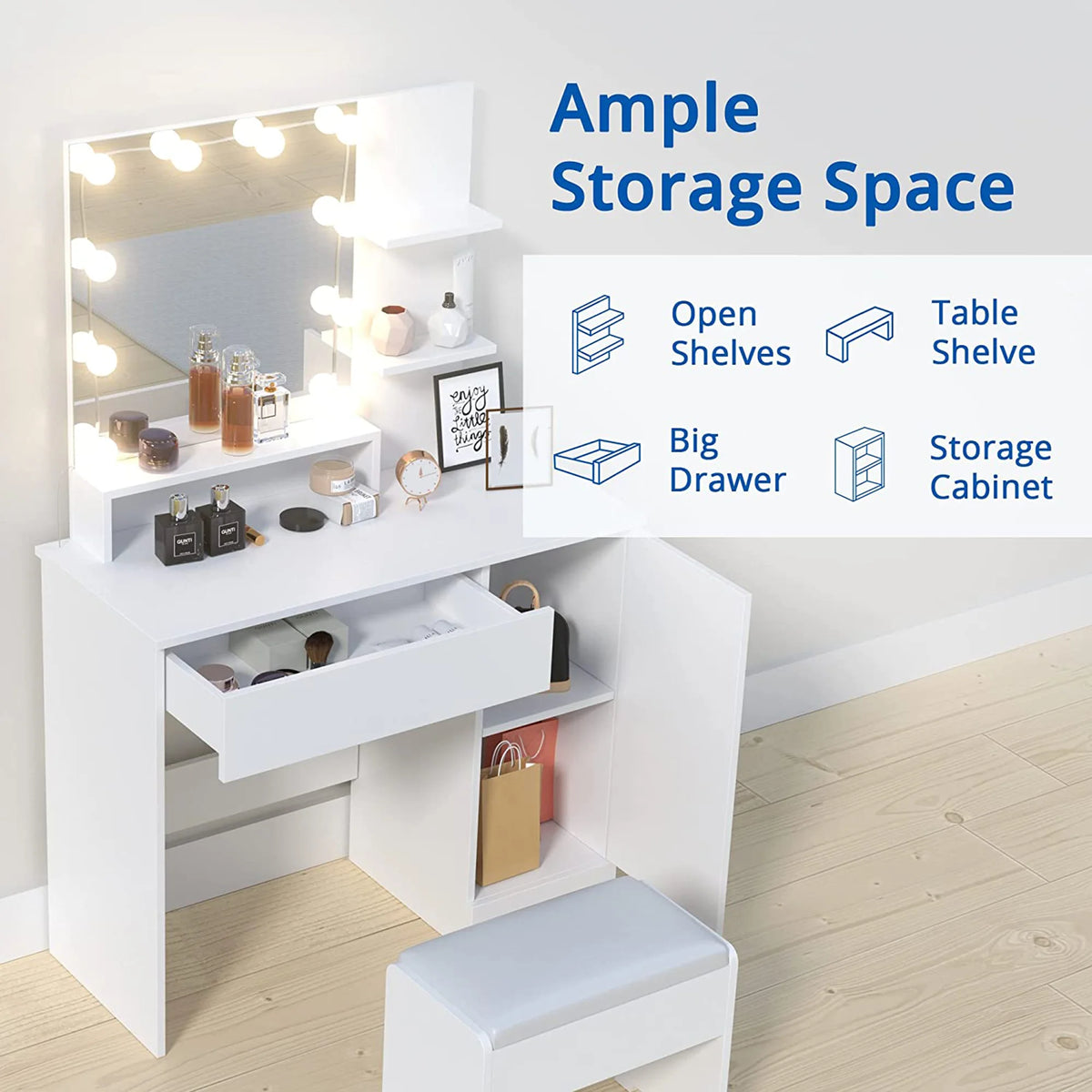 Wooden Dressing Table with Stool and LED Mirror E961